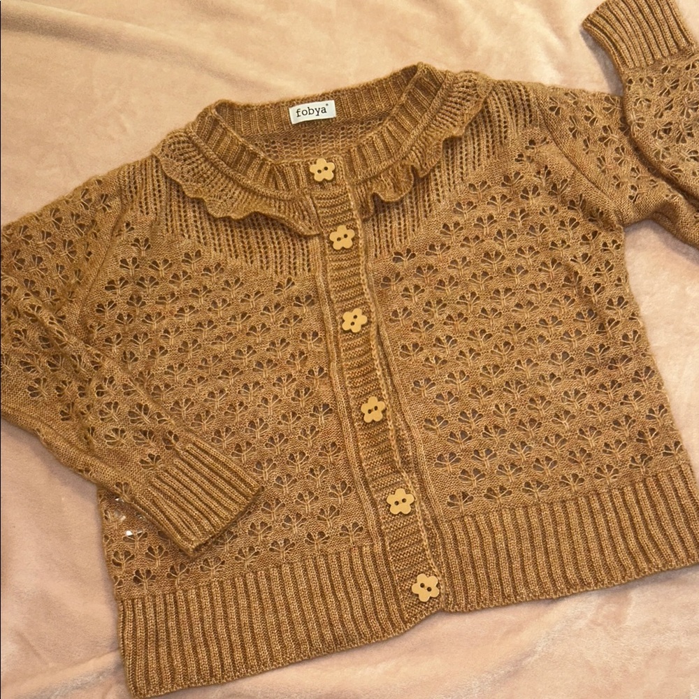 Women's Tan Knit Cardigan With Ruffle Detail